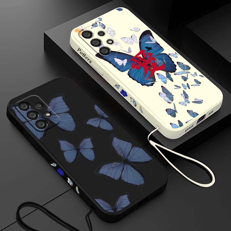 Silicone Liquid Case - 青い蝶柄のSamsung Galaxy A73 A71 A55 A54
