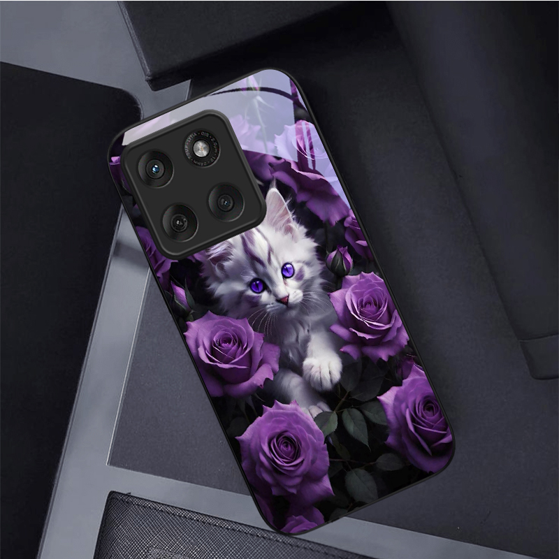 Phone Cases For Motorola - 子猫と紫のバラ柄の黒いガラス製携帯電話ケース、モトローラモトエッジ60、20ライト、30、70プロ、40ネオ、50ウルトラ、G14、G22、35、75用バックカバー