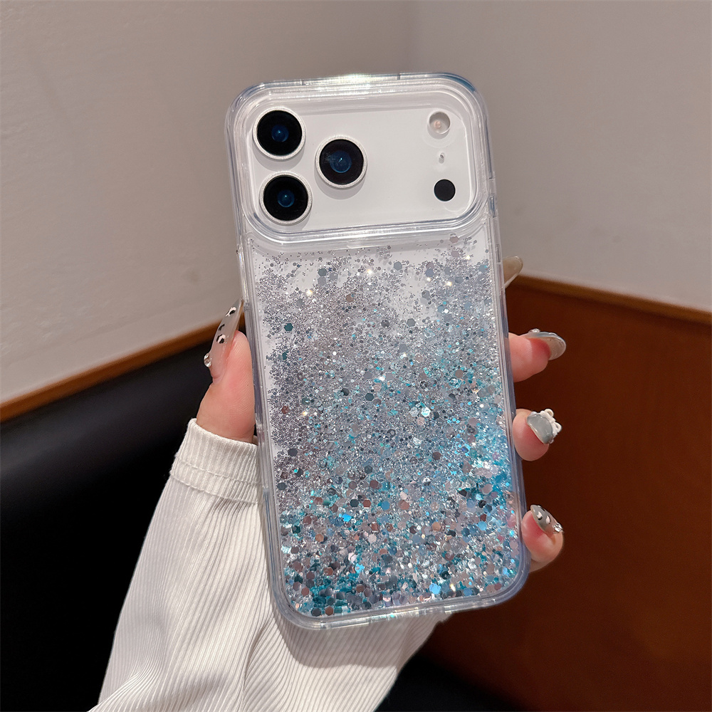Silicone Liquid Case - iPhone 17/16 Pro Max用キラキラ流砂ケースカバー、グリッターグロスシルバーブルー、動くスパンコール、シリコン製、落下防止ハードケース