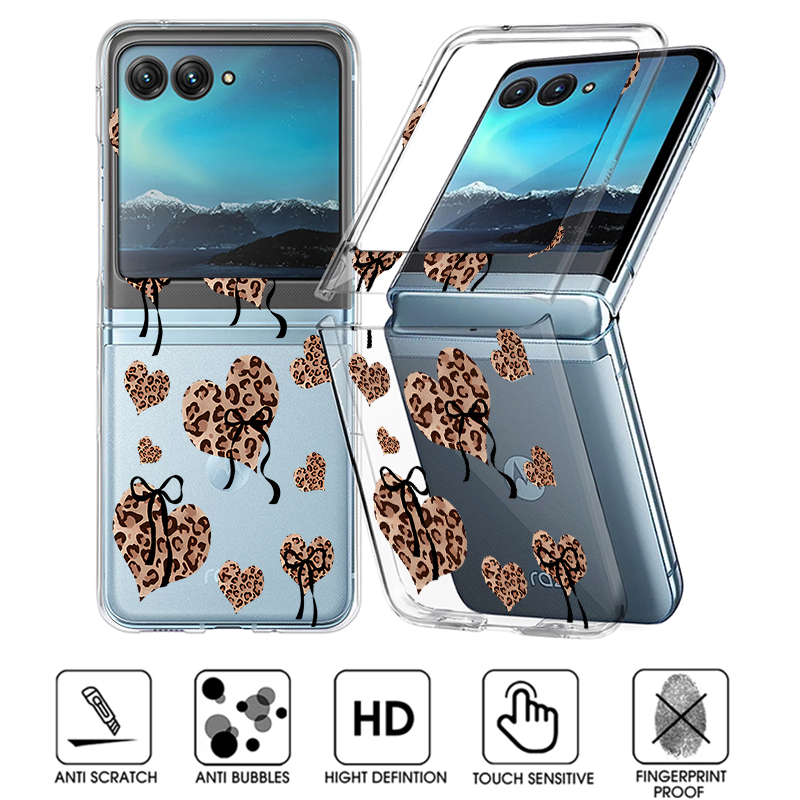 Phone Cases For Motorola - レオパード柄ハート柄クリアスマホケース Motorola Razr 60 50 40