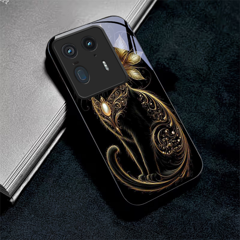 Phone Cases For Motorola - 高級感のある宝石付き猫柄ブラックガラス製携帯電話ケース、モトローラモトエッジ70、60、フュージョン50、ウルトラ40、ネオ30、プロ20、ライト60sネオブラックカバー用