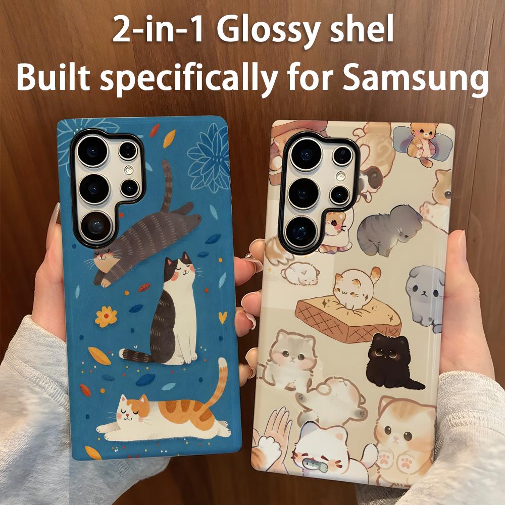 Phone Cases Cute - かわいい猫柄スマホケース 2-in-1 光沢シェル Samsung Galaxy S25
