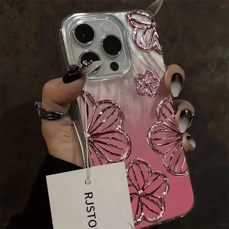 Phone Cases You Can Design - ファッショナブルなグラデーションガラスフラワーハイエンドフェザーヤーンスマホケース、iPhone 17/16 Pro Max/15/14 Plus/13/12/11対応、耐衝撃性と滑り止め、軽量、スタイリッシュでトレンディなデザイン、ユニセックス、ギフトにも最適。