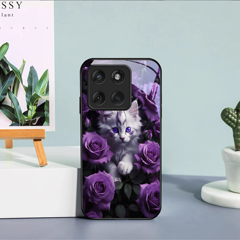 子猫と紫のバラ柄の黒いガラス製携帯電話ケース、モトローラモト - Phone Cases For Motorola のレビューと価格
