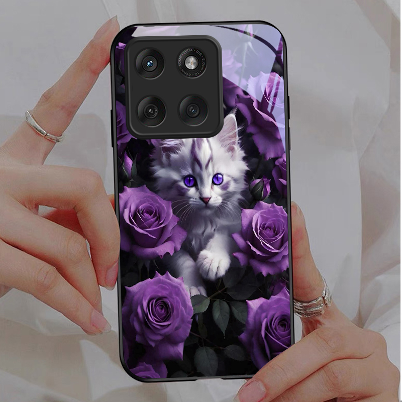 子猫と紫のバラ柄の黒いガラス製携帯電話ケース、モトローラモト - Phone Cases For Motorola のレビューと価格