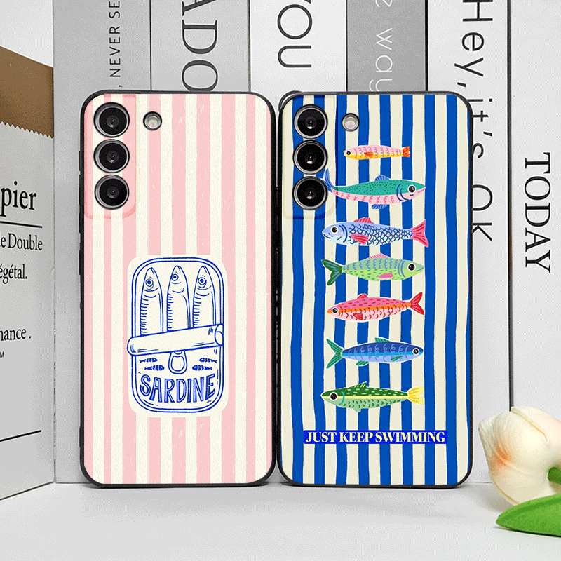 可愛いストライプ柄のイワシカラーの面白い魚柄スマホケース O - Phone Cases Cute のレビューと価格