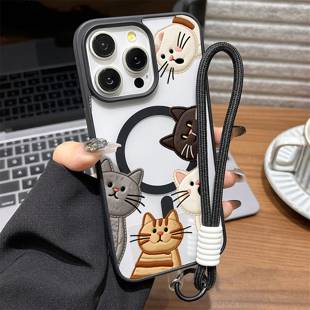 可愛いフェイク刺繍猫柄iPhoneケース iPhone 15 - Phone Cases Cute のレビューと価格